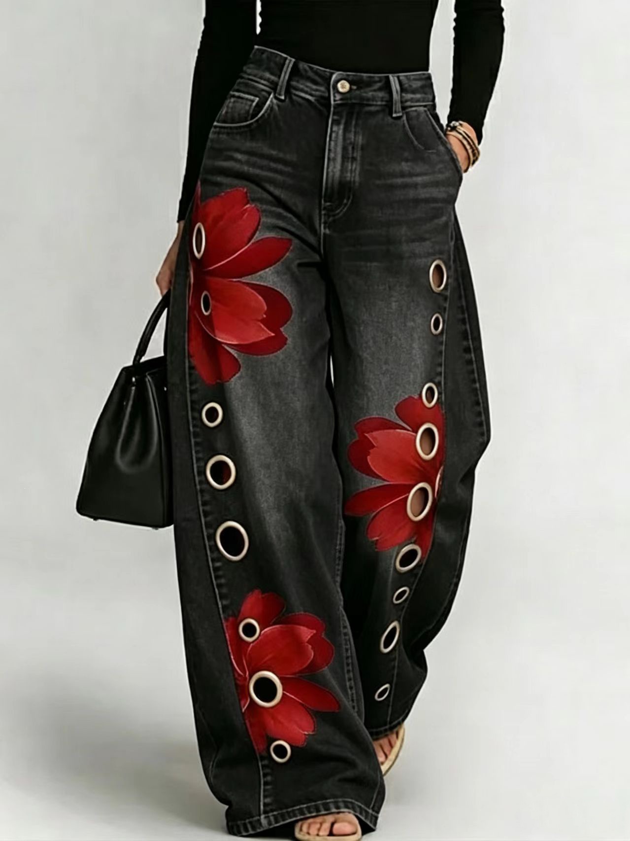 Women's Loose-fit Printed Denim Jeans
