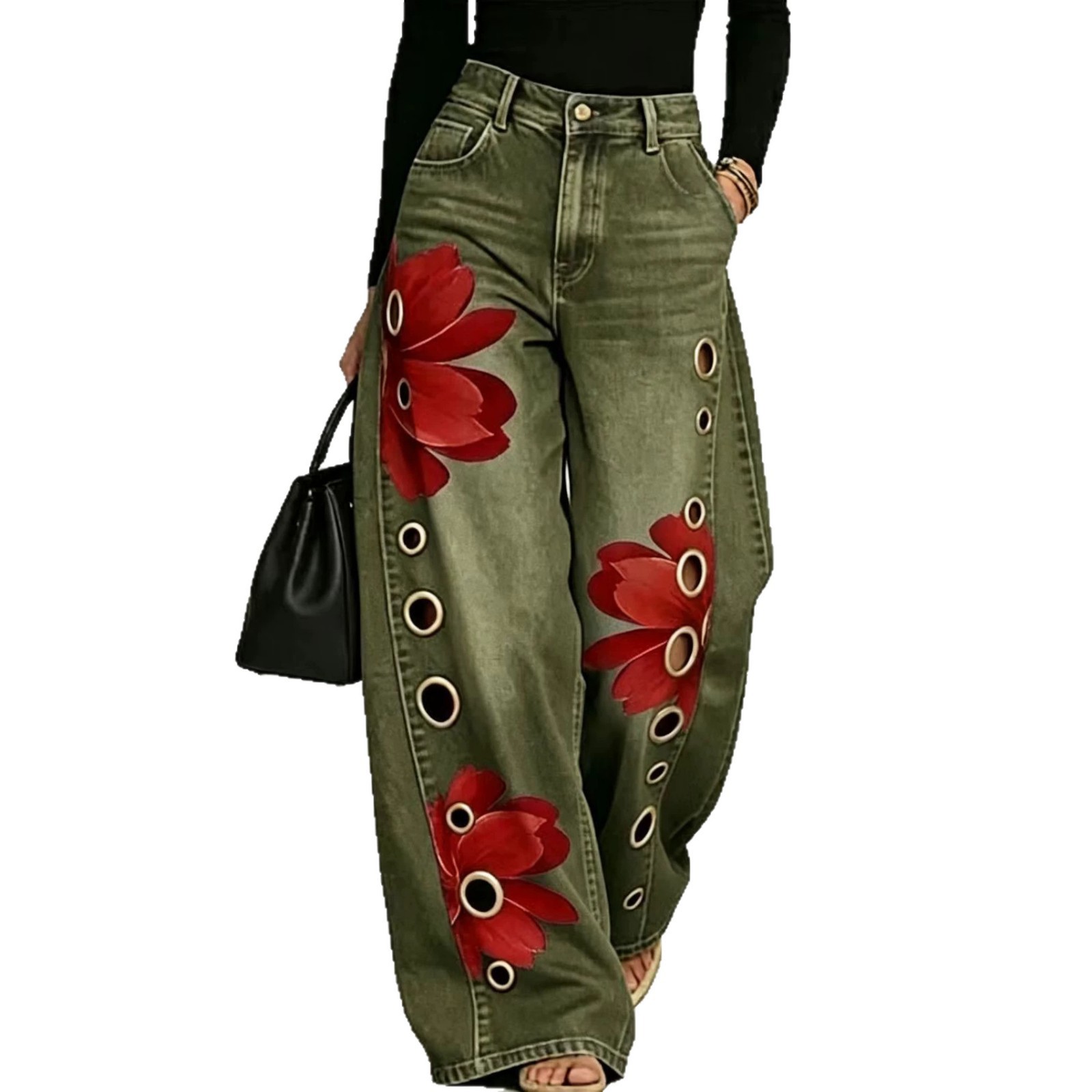 Women's Loose-fit Printed Denim Jeans