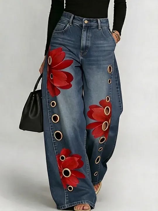 Women's Loose-fit Printed Denim Jeans