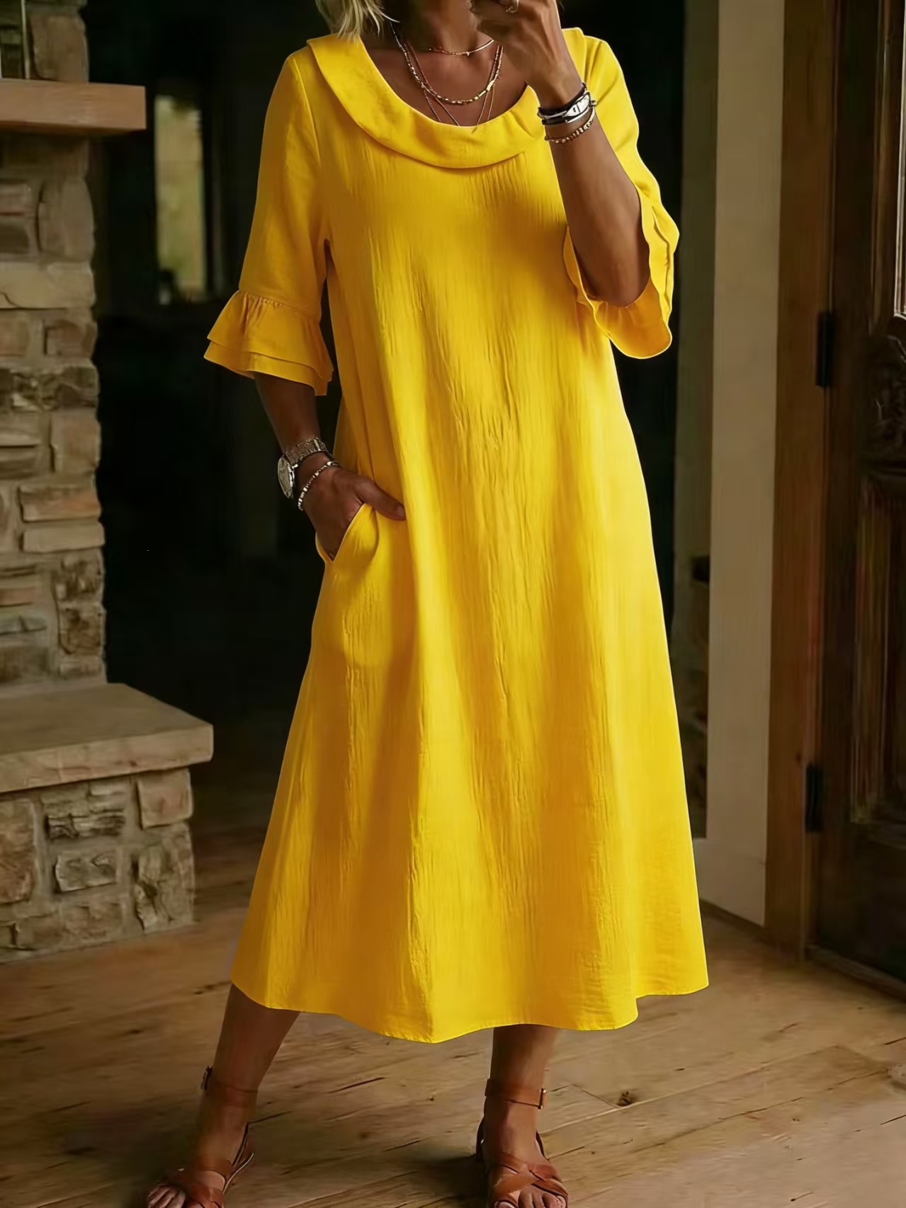 Abito casual da donna in stile francese tinta unita ampio e vestibilità ampia