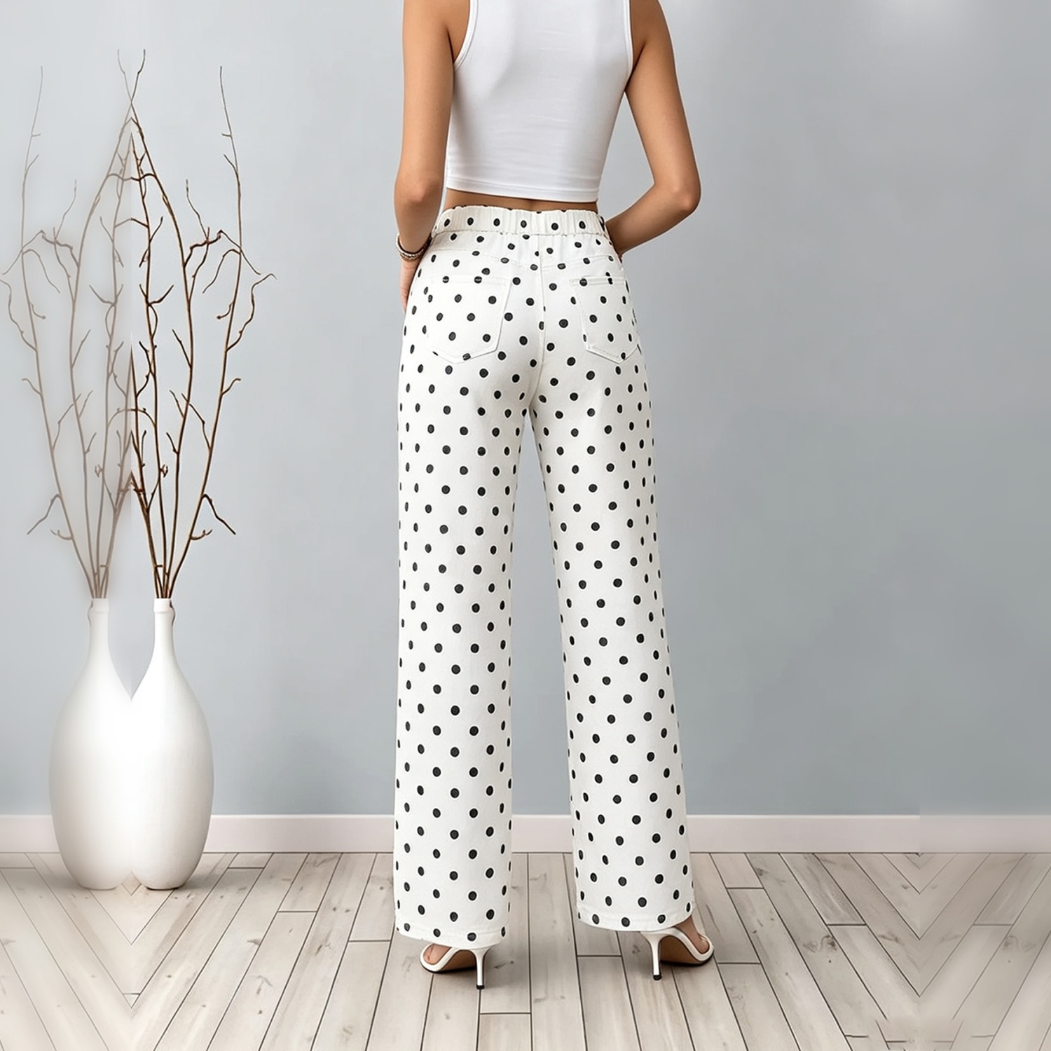 Women's Polka Dot Print Wide Leg Pants, Elastic High Waist Casual Straight Trousers With