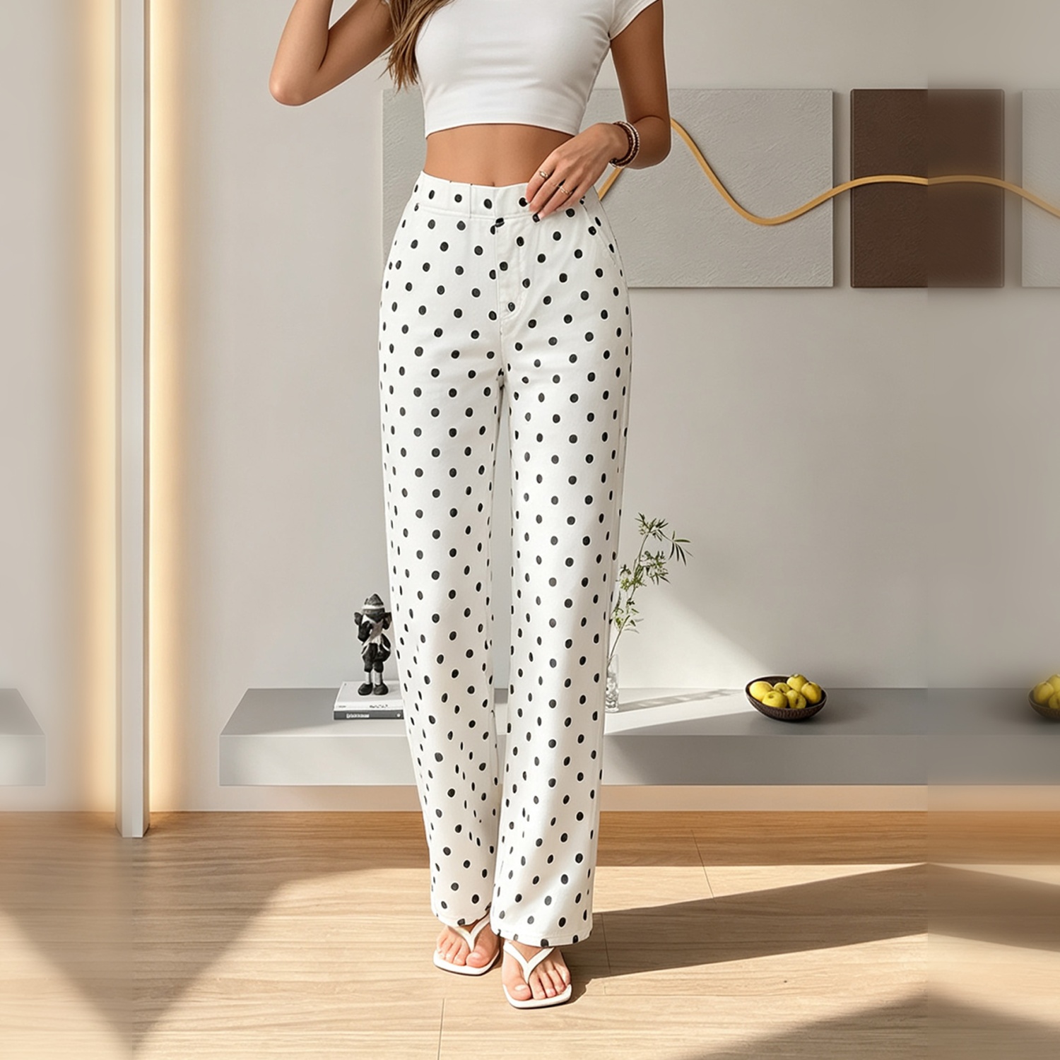 Women's Polka Dot Print Wide Leg Pants, Elastic High Waist Casual Straight Trousers With