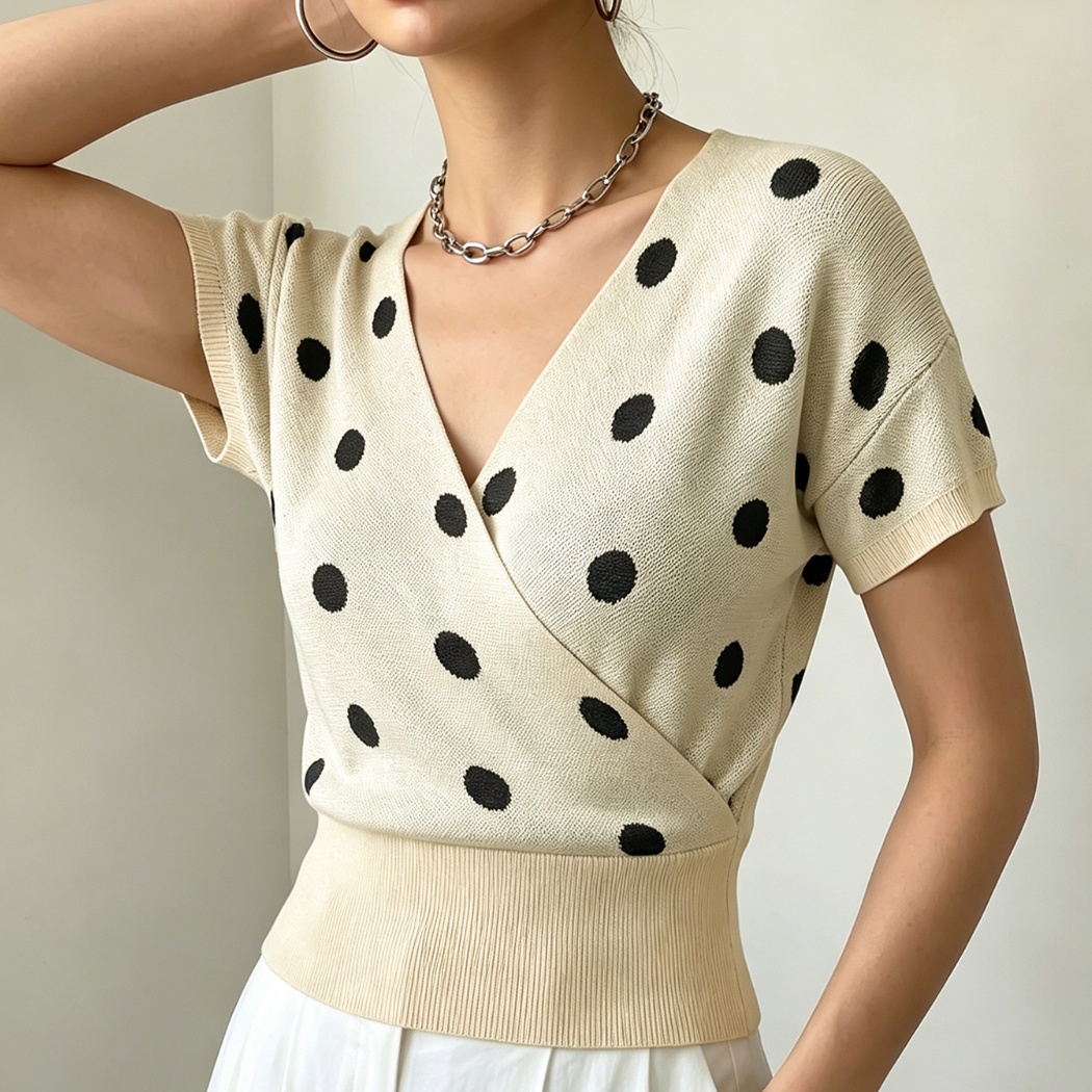 Women's Polka-Dot V-Neck Knitted Short-Sleeve Top