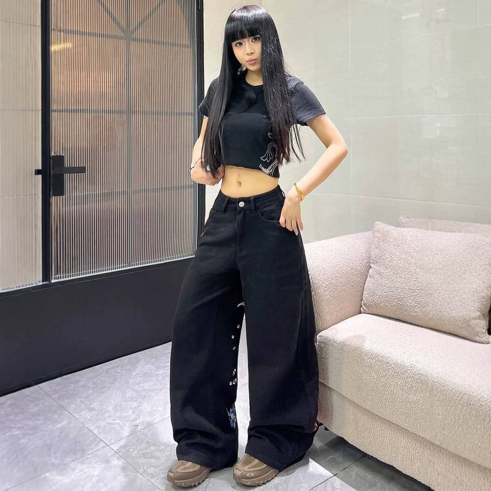 Women's Printed Washed Jeans Wide Leg Loose Straight