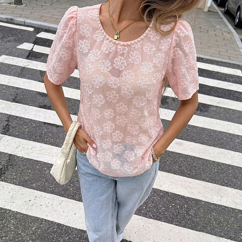 Women's Round-neck Puffed-sleeve Shirt