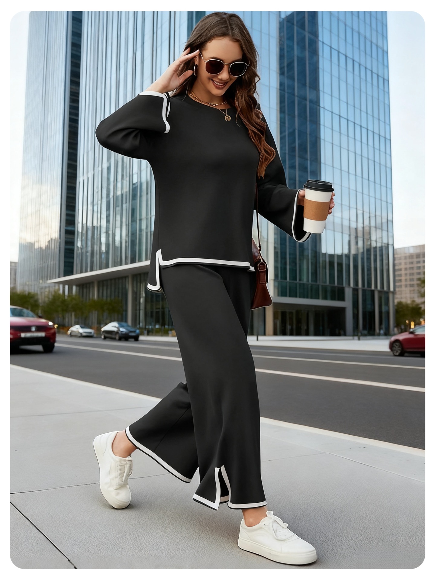 Women's Slit Long-sleeve Top And Wide-leg Pants
