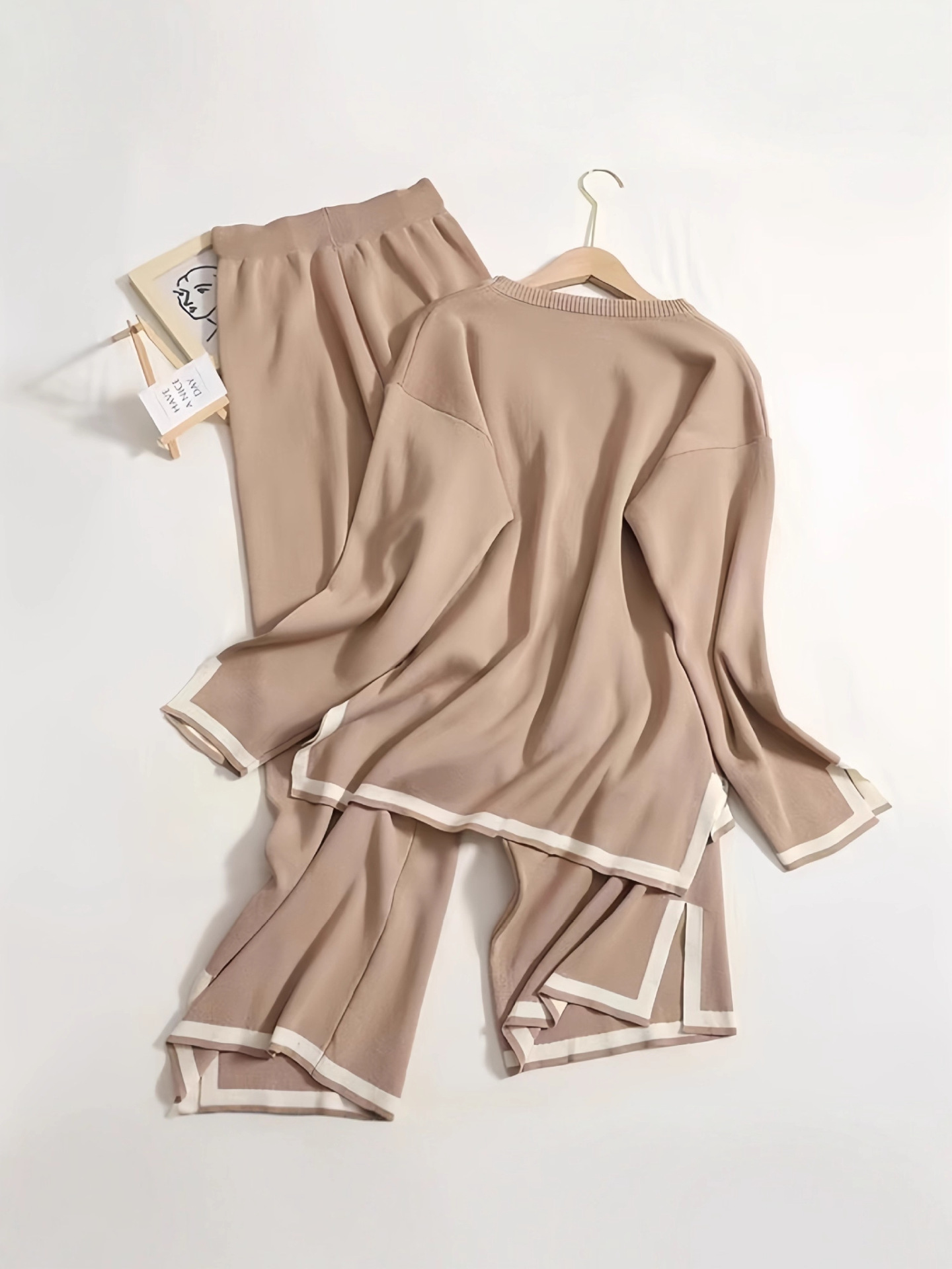 Women's Slit Long-sleeve Top And Wide-leg Pants