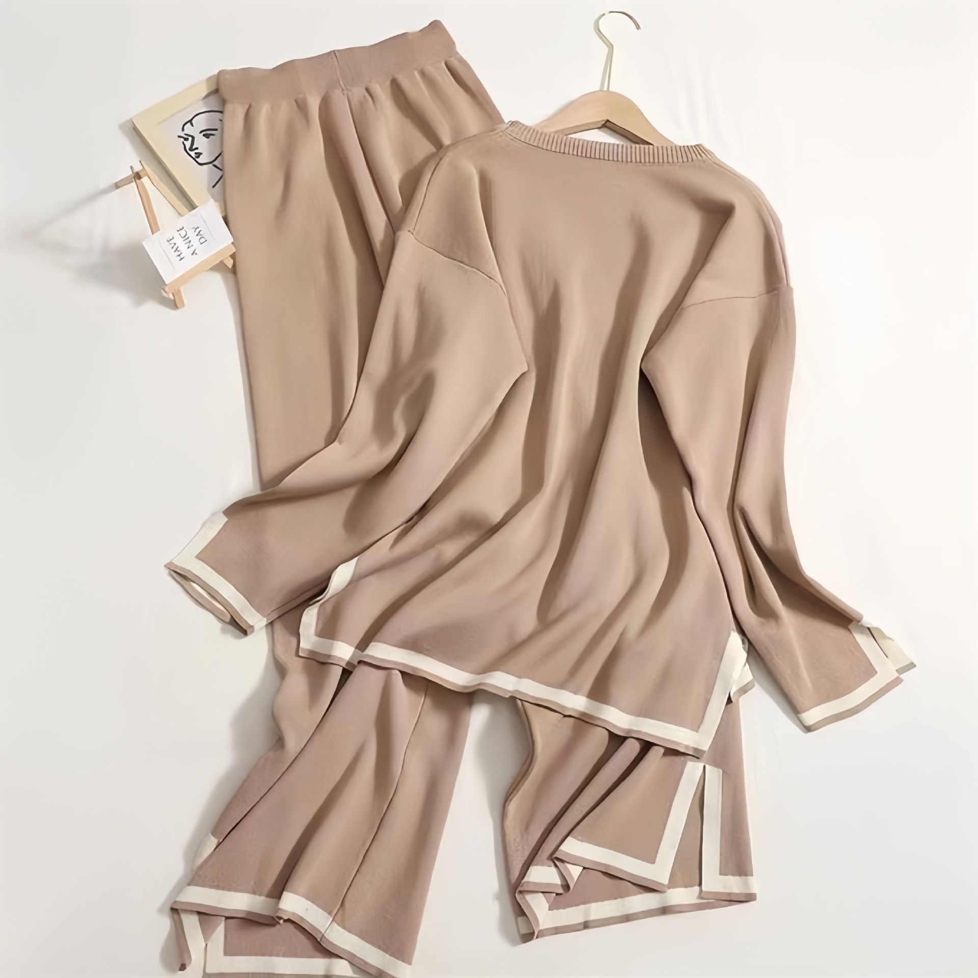 Women's Slit Long-sleeve Top And Wide-leg Pants