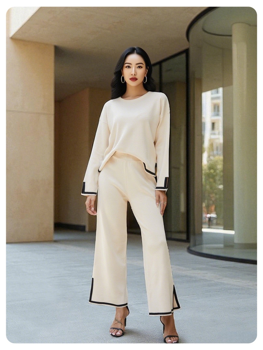Women's Slit Long-sleeve Top And Wide-leg Pants