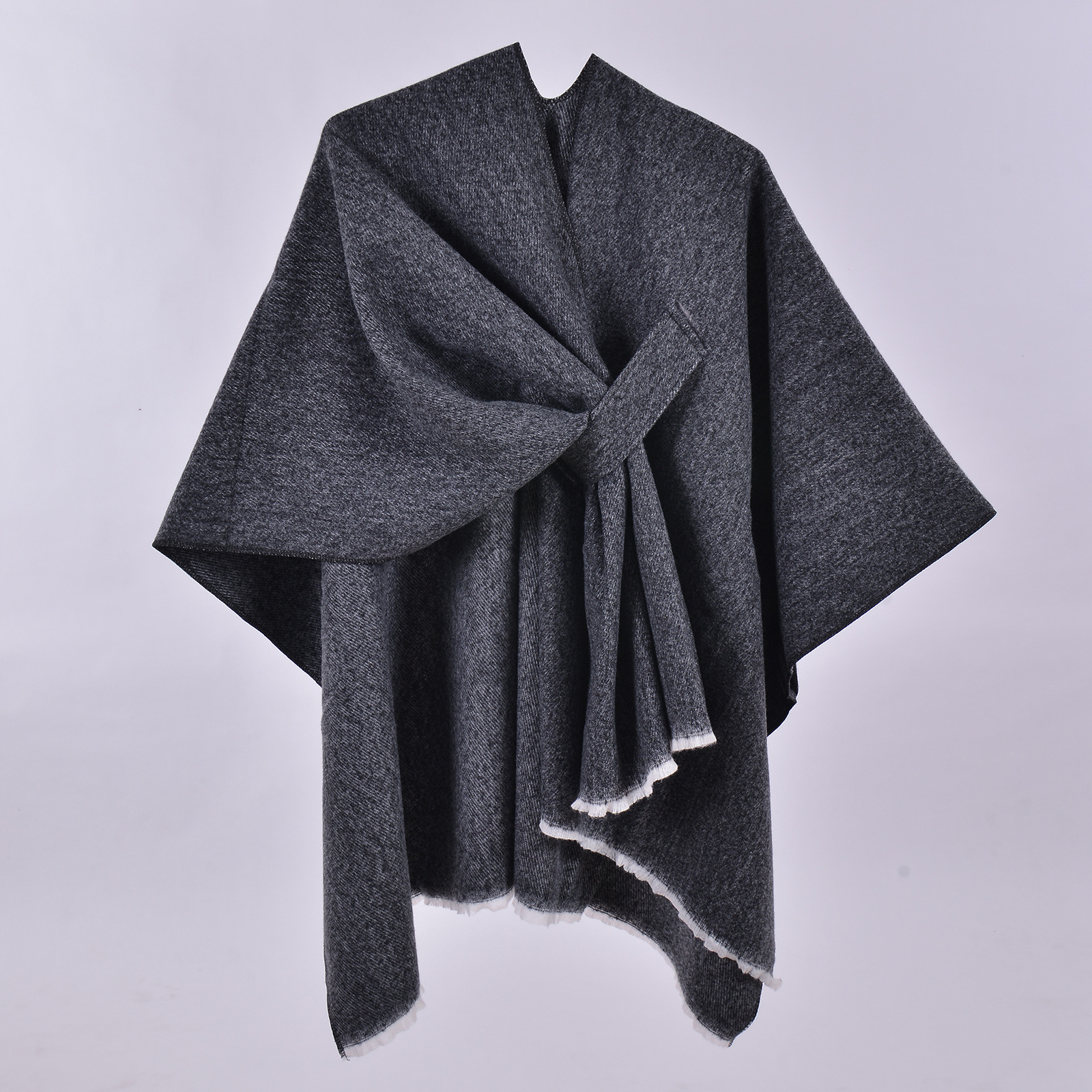 Women's Solid Color Autumn Winter Design Sense Trim Split Faux Cashmere Shawl, Single