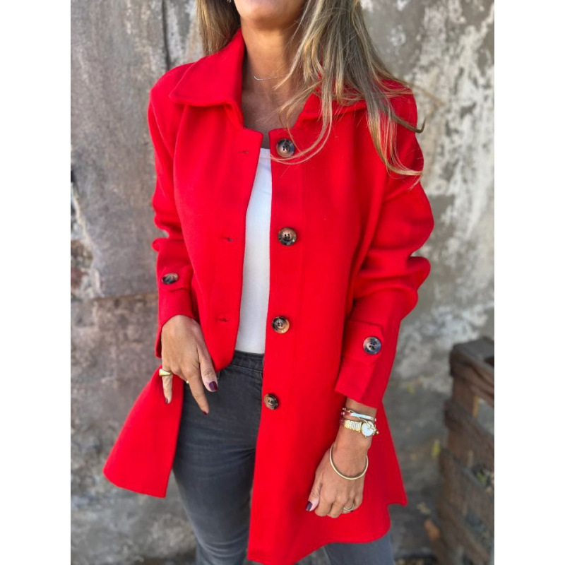 Women's Solid-color Lapel-collar Single-breasted Mid-length Coat