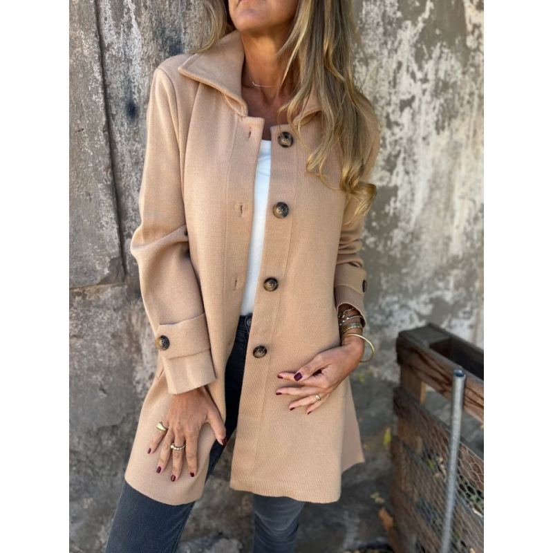 Women's Solid-color Lapel-collar Single-breasted Mid-length Coat