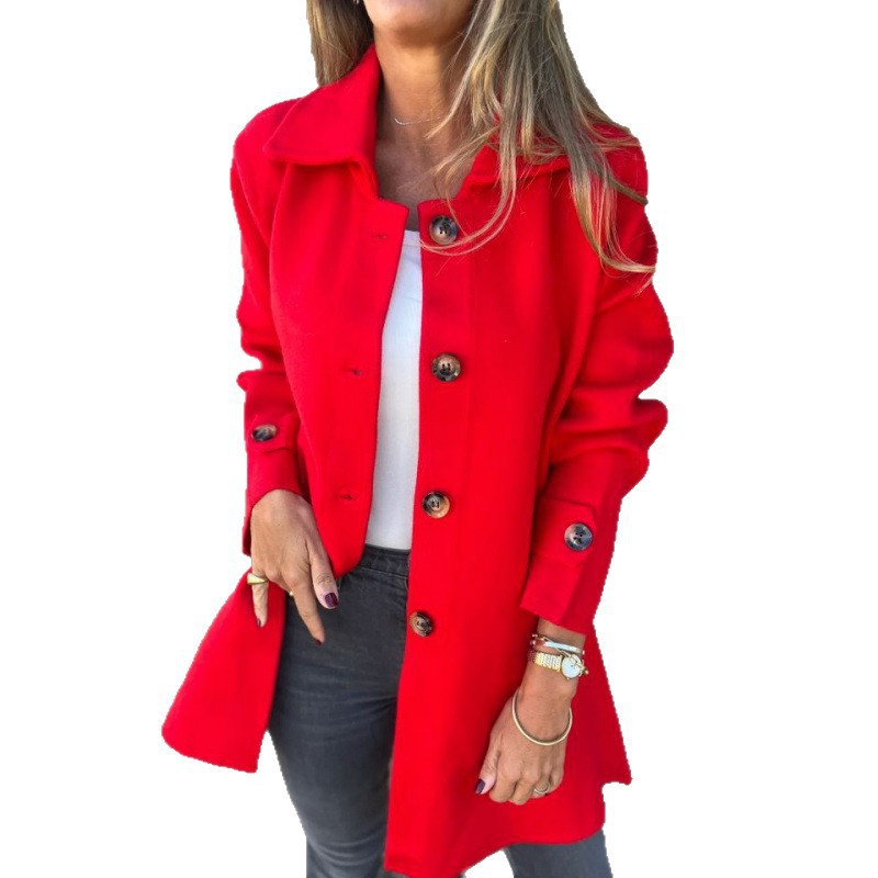 Women's Solid-color Lapel-collar Single-breasted Mid-length Coat