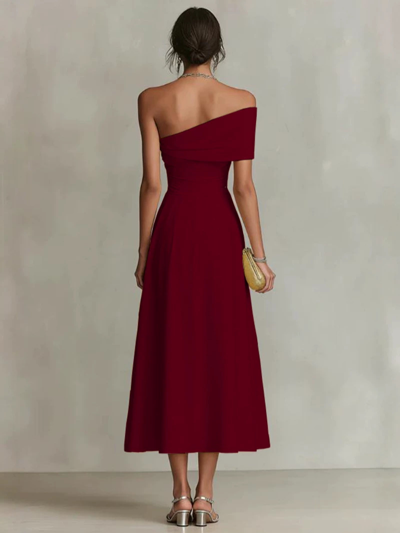 Women's Solid Color One Shoulder Backless Dress Elegant Waist Cinched Midi Dress