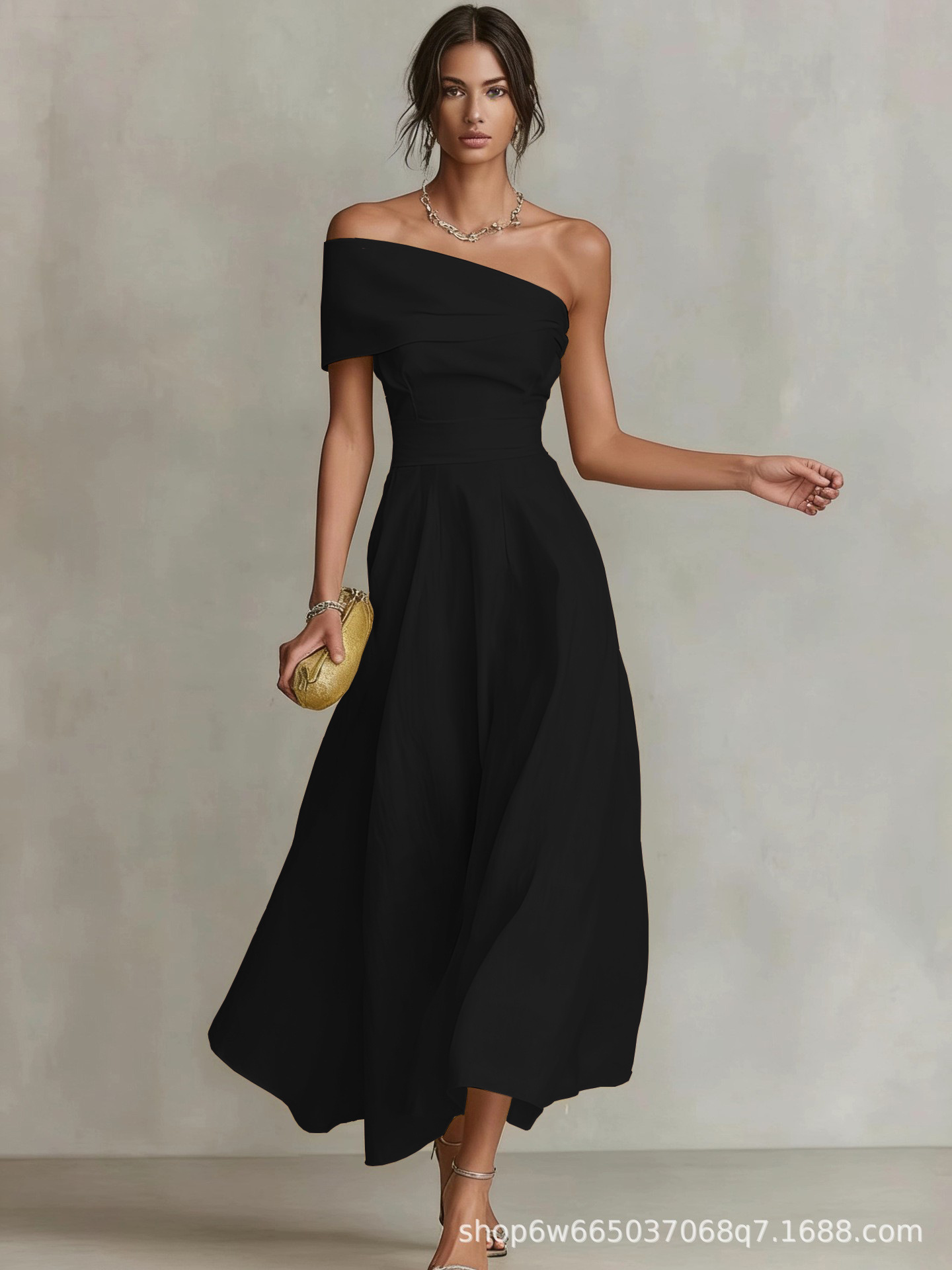 Women's Solid Color One Shoulder Backless Dress Elegant Waist Cinched Midi Dress