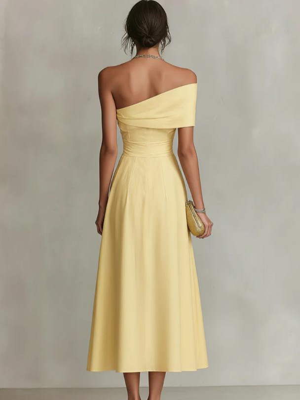 Women's Solid Color One Shoulder Backless Dress Elegant Waist Cinched Midi Dress