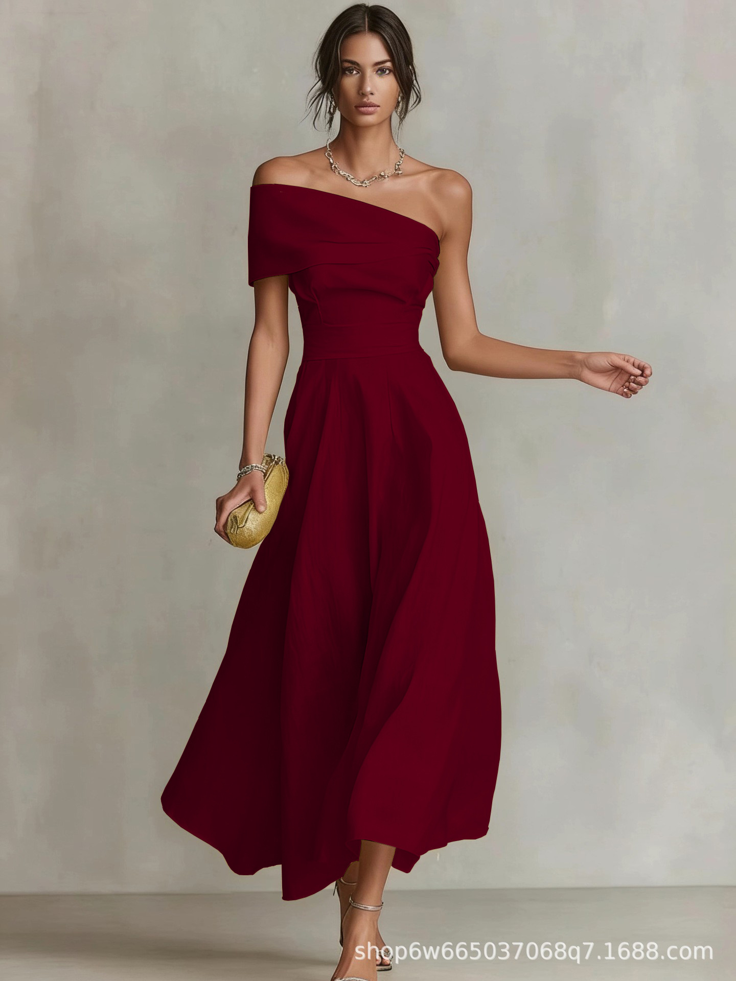 Women's Solid Color One Shoulder Backless Dress Elegant Waist Cinched Midi Dress