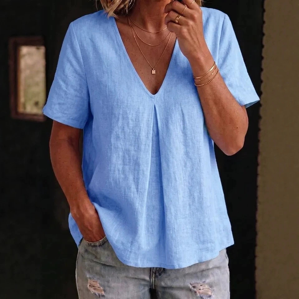 Women's Solid-Color Pleated Cotton-Linen Short-Sleeve Shirt T-Shirt