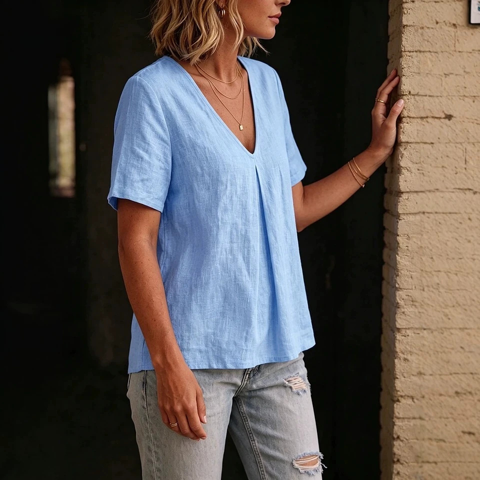 Women's Solid-Color Pleated Cotton-Linen Short-Sleeve Shirt T-Shirt