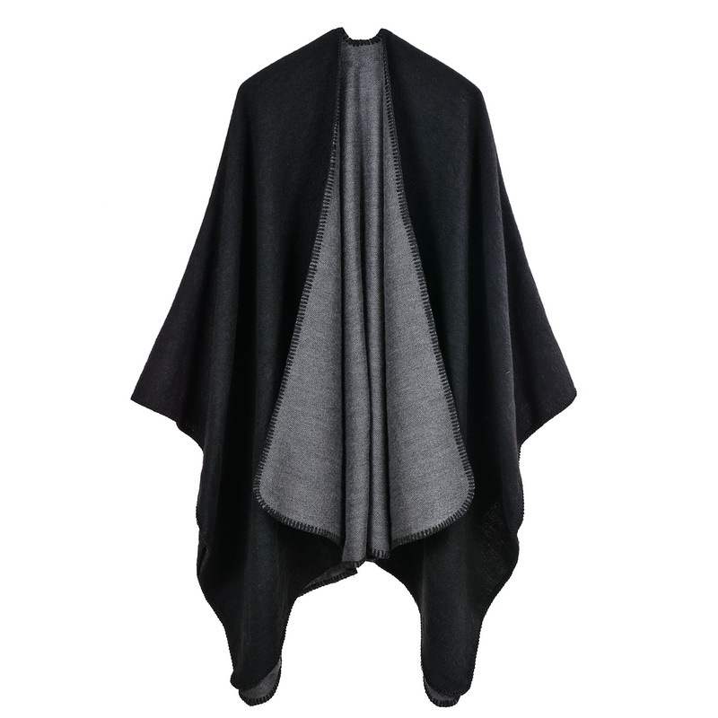 Women's Solid Color Split Open Shawl, Soft Faux Cashmere Warm Plain Monochrome Poncho Cape