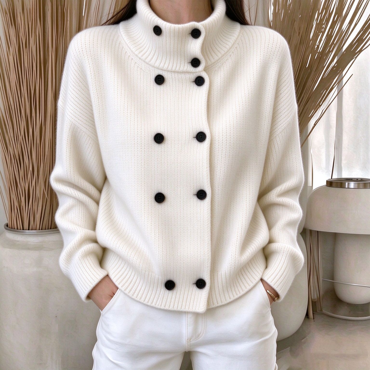 Women's Solid-Color Turtleneck Double-Breasted Knitted Cardigan Sweater Coat Top