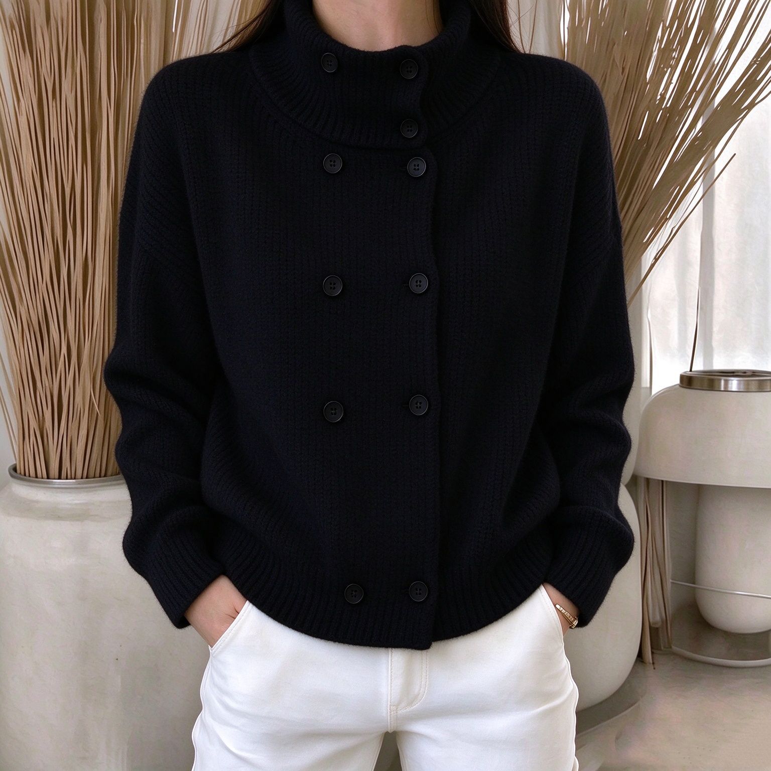 Women's Solid-Color Turtleneck Double-Breasted Knitted Cardigan Sweater Coat Top
