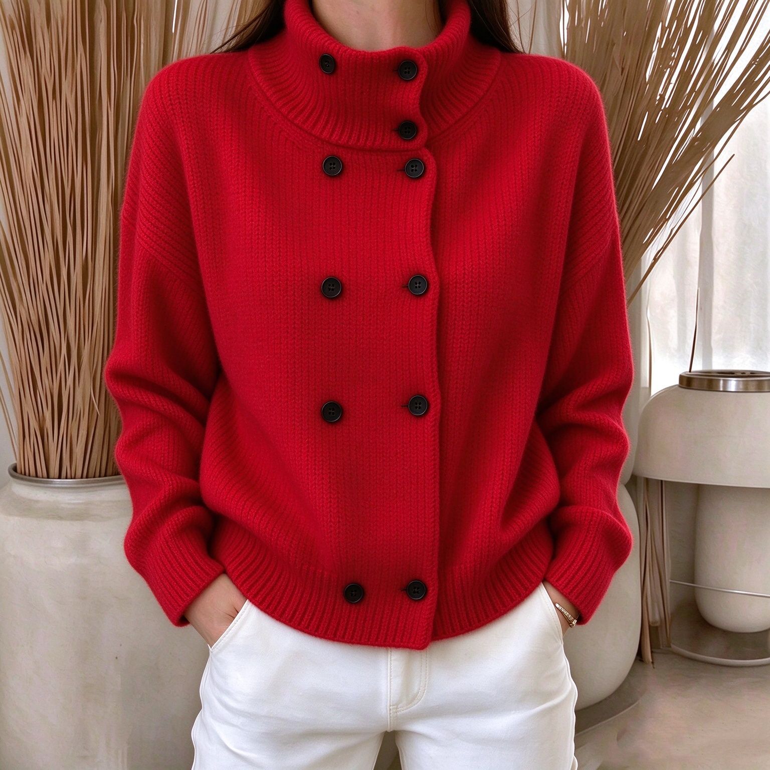 Women's Solid-Color Turtleneck Double-Breasted Knitted Cardigan Sweater Coat Top