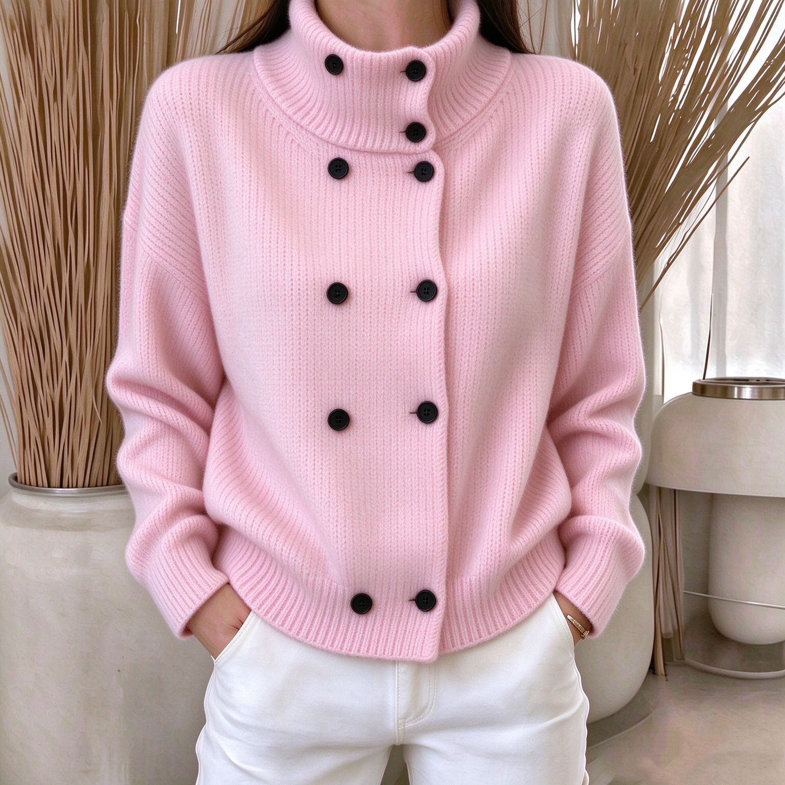 Women's Solid-Color Turtleneck Double-Breasted Knitted Cardigan Sweater Coat Top