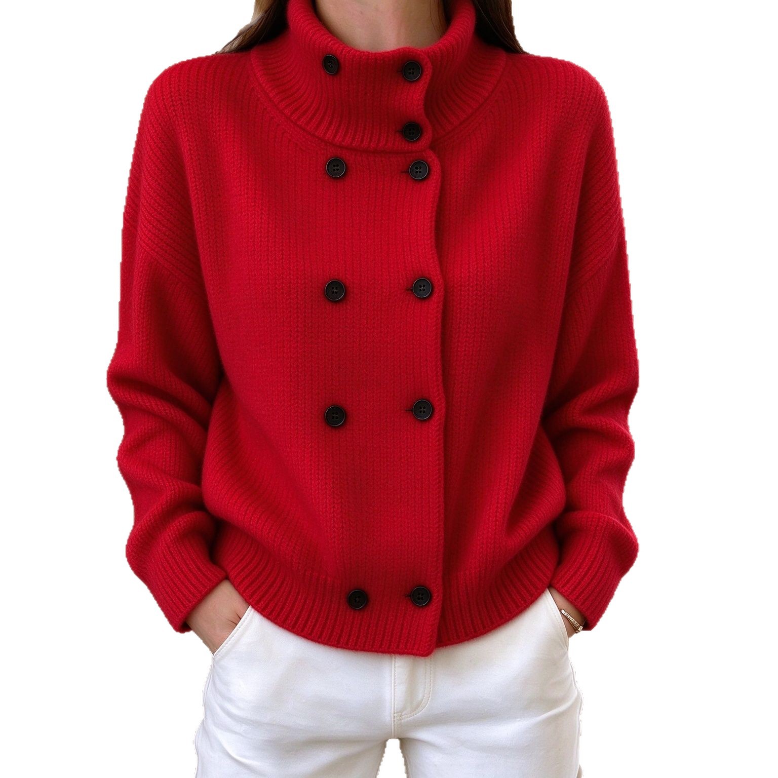 Women's Solid-Color Turtleneck Double-Breasted Knitted Cardigan Sweater Coat Top