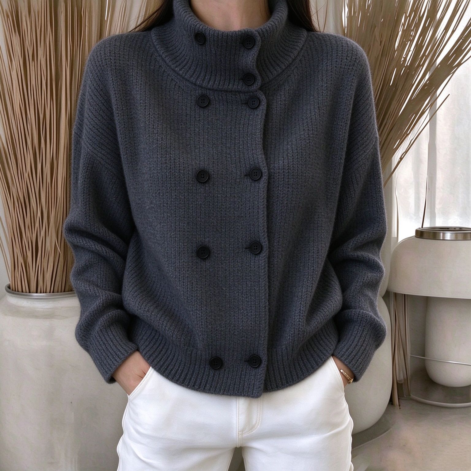 Women's Solid-Color Turtleneck Double-Breasted Knitted Cardigan Sweater Coat Top