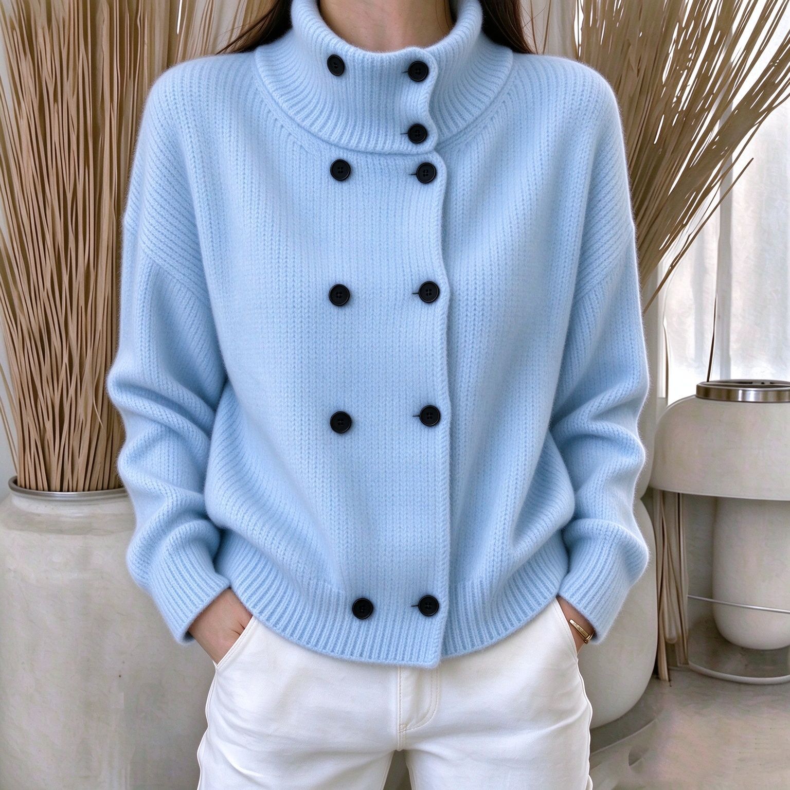 Women's Solid-Color Turtleneck Double-Breasted Knitted Cardigan Sweater Coat Top
