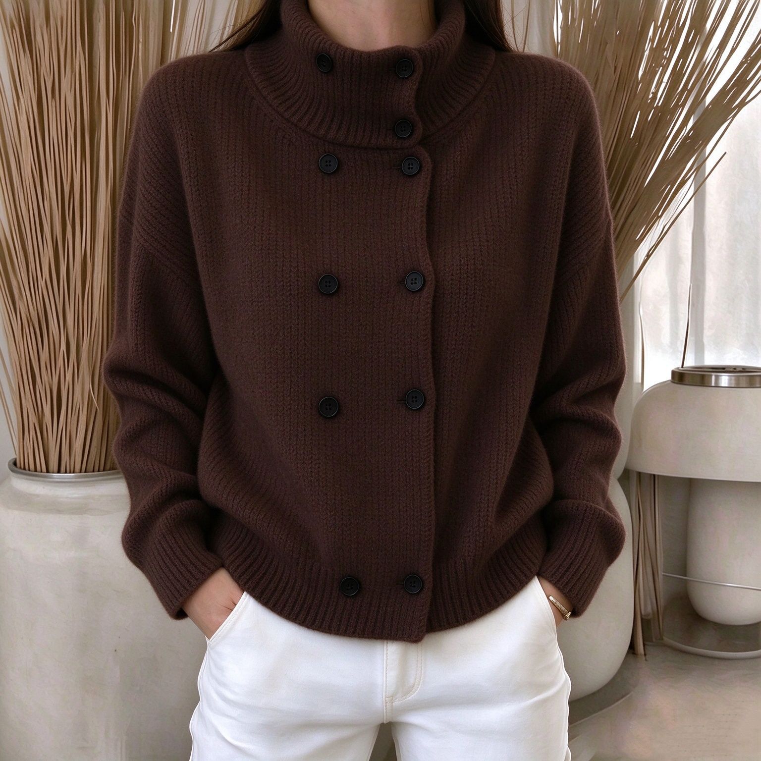 Women's Solid-Color Turtleneck Double-Breasted Knitted Cardigan Sweater Coat Top