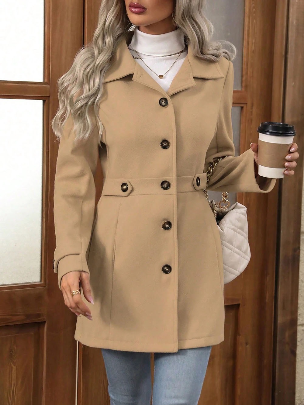 Women's Solid Color Wool Blend Coat, Fashion Lapel Button Up Casual Elegant Overcoat For