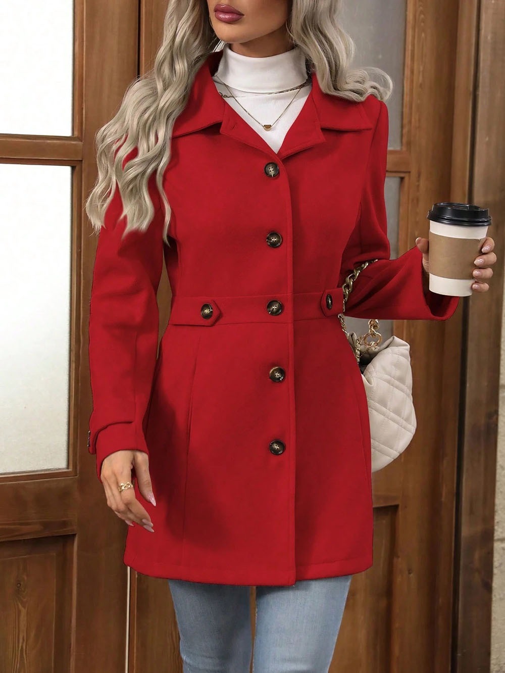 Women's Solid Color Wool Blend Coat, Fashion Lapel Button Up Casual Elegant Overcoat For