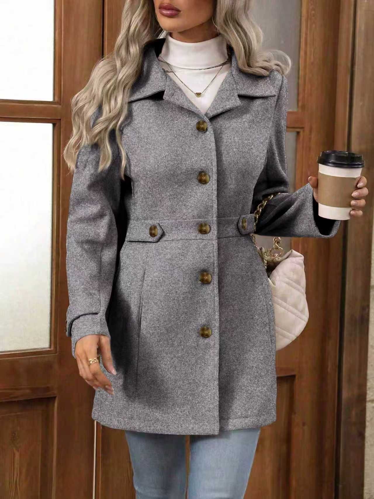 Women's Solid Color Wool Blend Coat, Fashion Lapel Button Up Casual Elegant Overcoat For