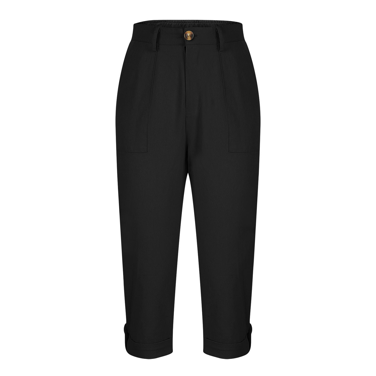 Women's Solid Color Workwear Pants Waist Button Pants Ear Design Pants Leg Curled Women's