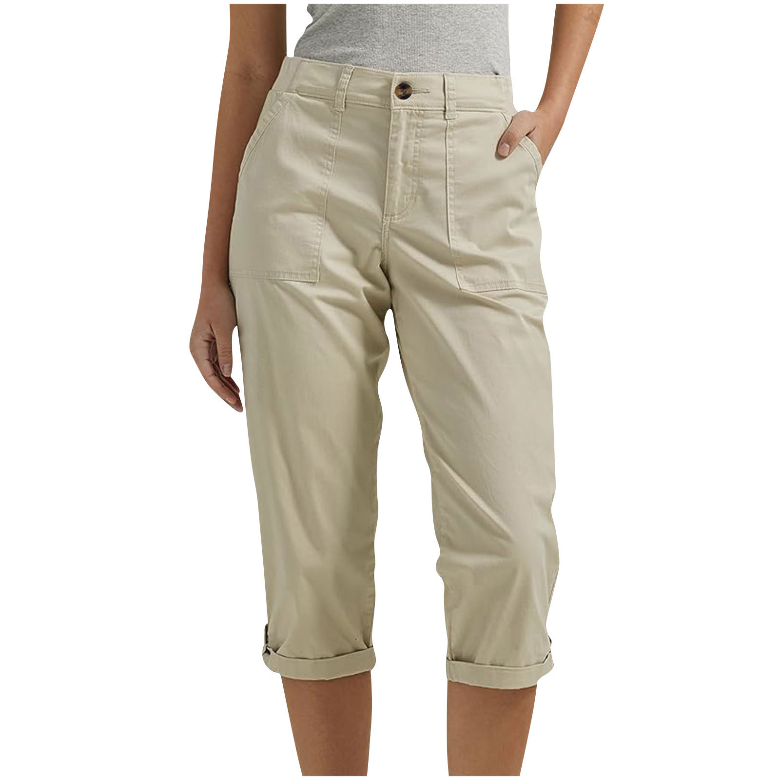 Women's Solid Color Workwear Pants Waist Button Pants Ear Design Pants Leg Curled Women's