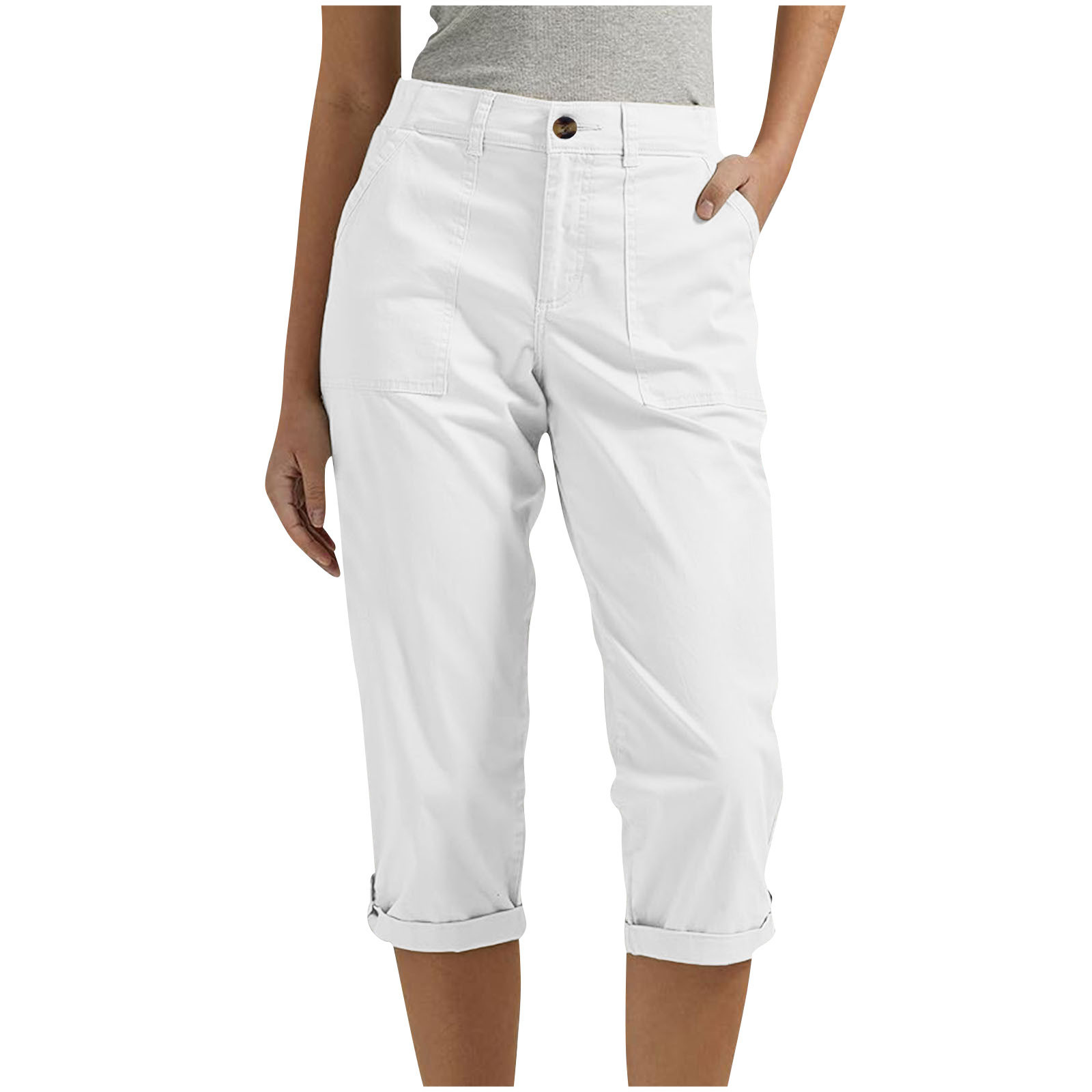 Women's Solid Color Workwear Pants Waist Button Pants Ear Design Pants Leg Curled Women's
