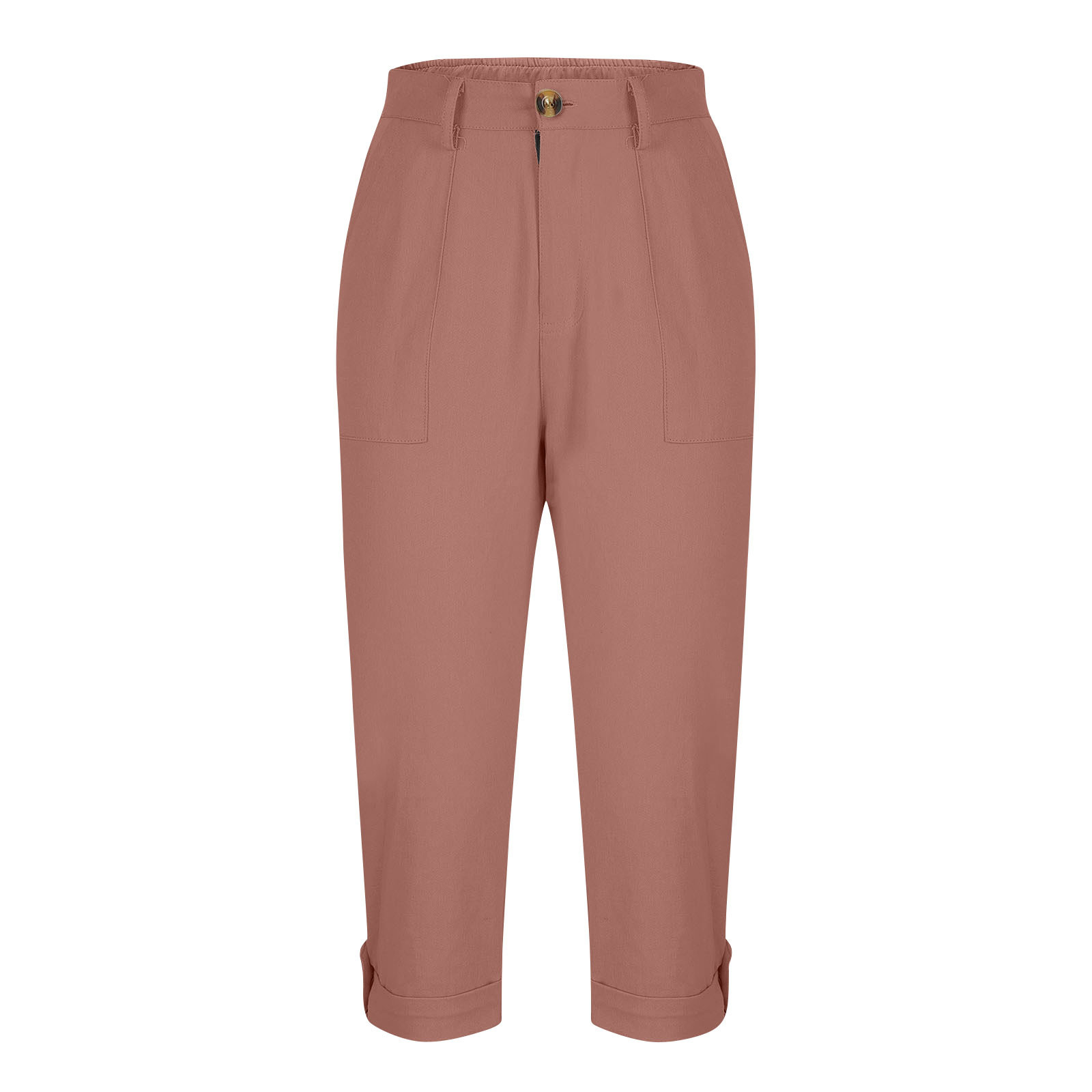 Women's Solid Color Workwear Pants Waist Button Pants Ear Design Pants Leg Curled Women's
