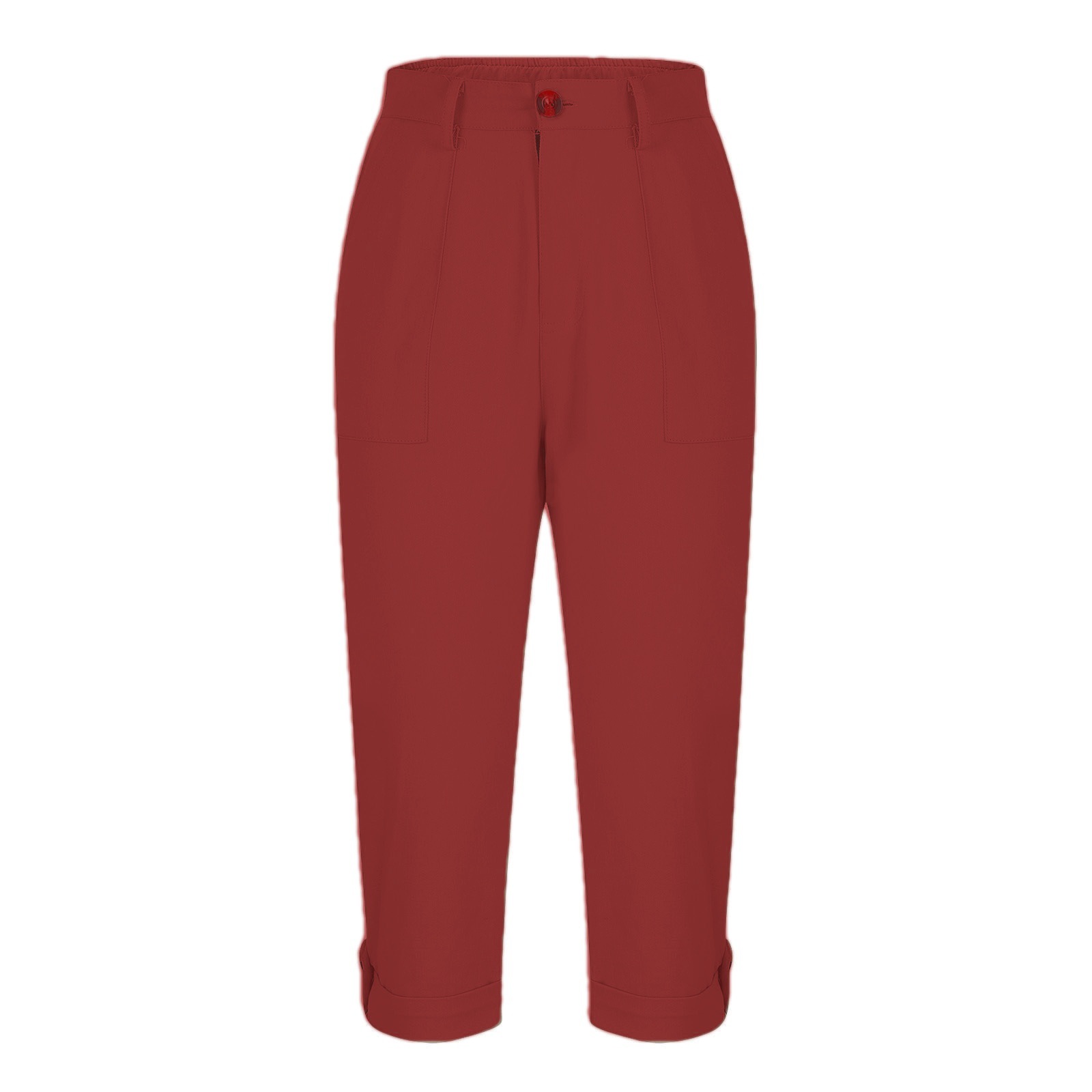 Women's Solid Color Workwear Pants Waist Button Pants Ear Design Pants Leg Curled Women's