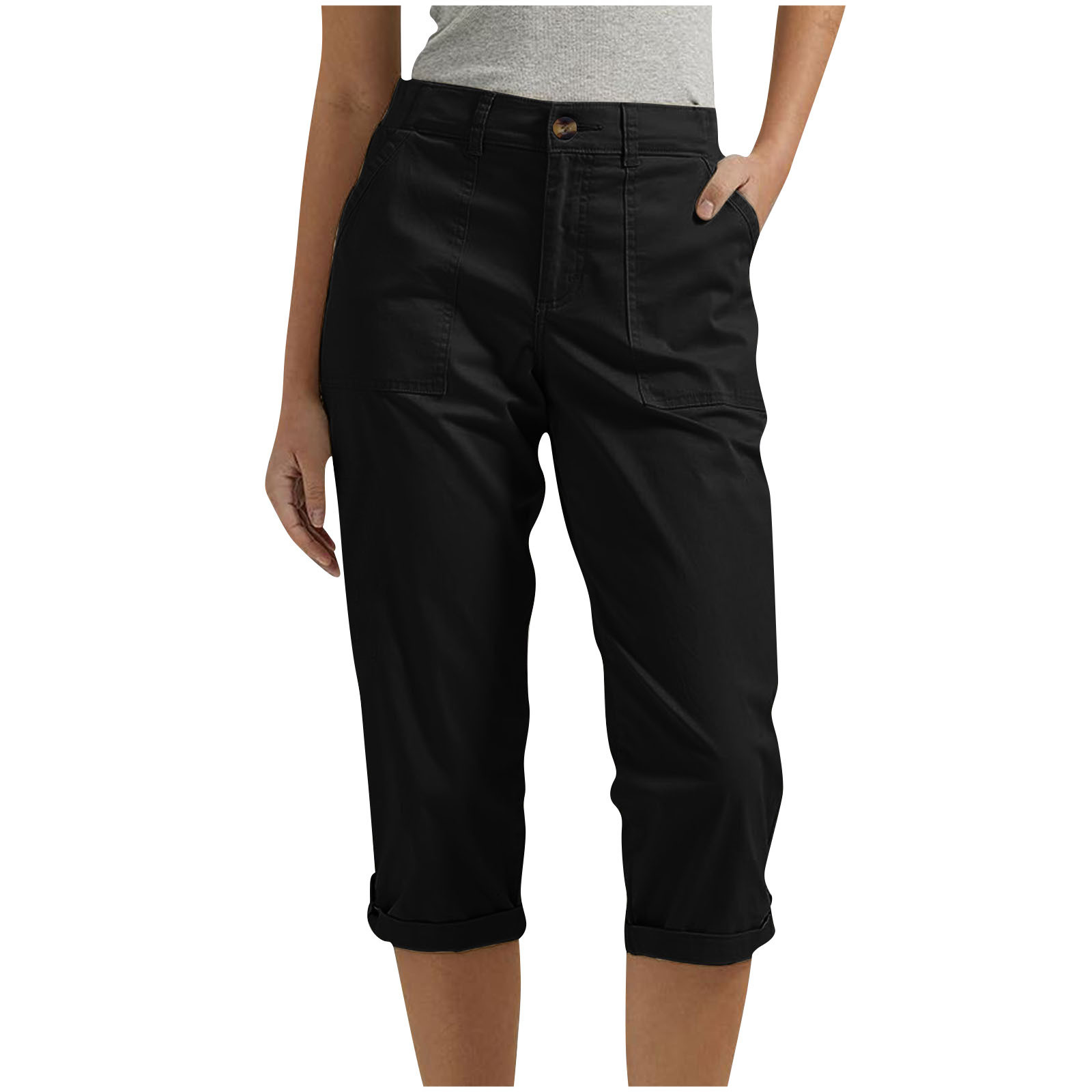 Women's Solid Color Workwear Pants Waist Button Pants Ear Design Pants Leg Curled Women's