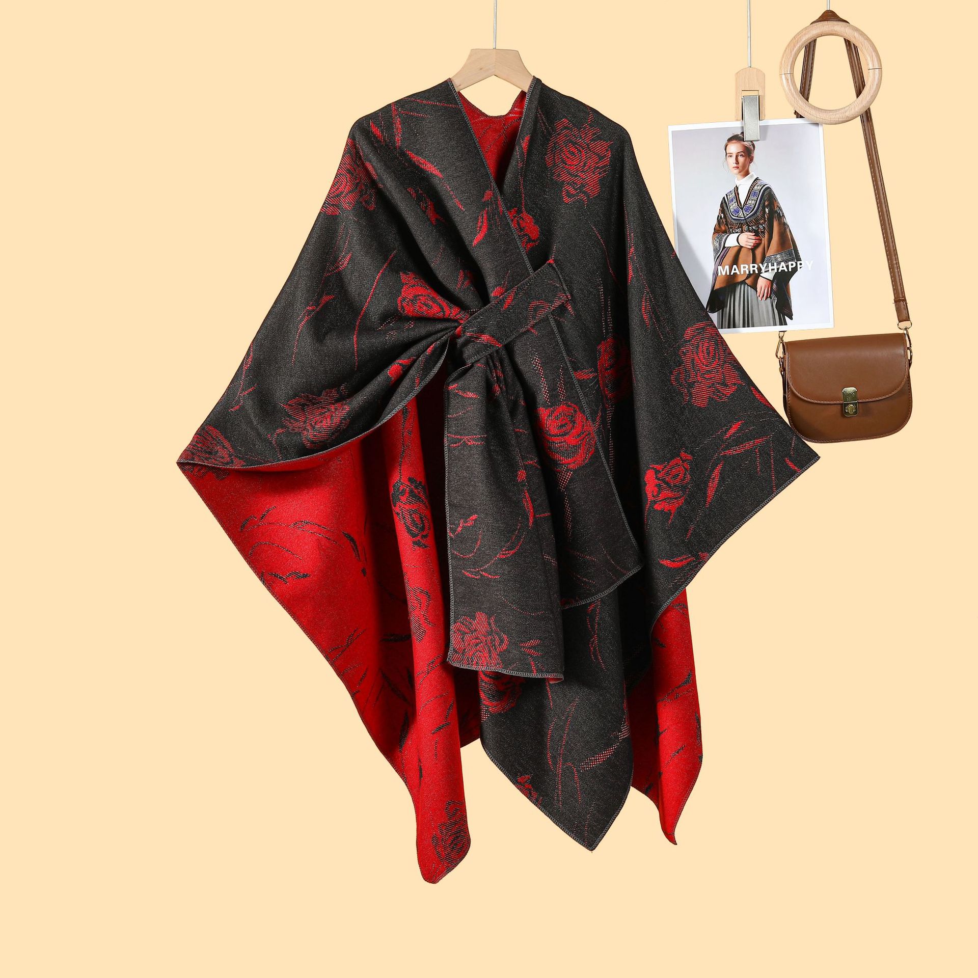 Women's Solid Hooded Split Shawl, Fashion Warm Poncho Cape For Autumn Winter