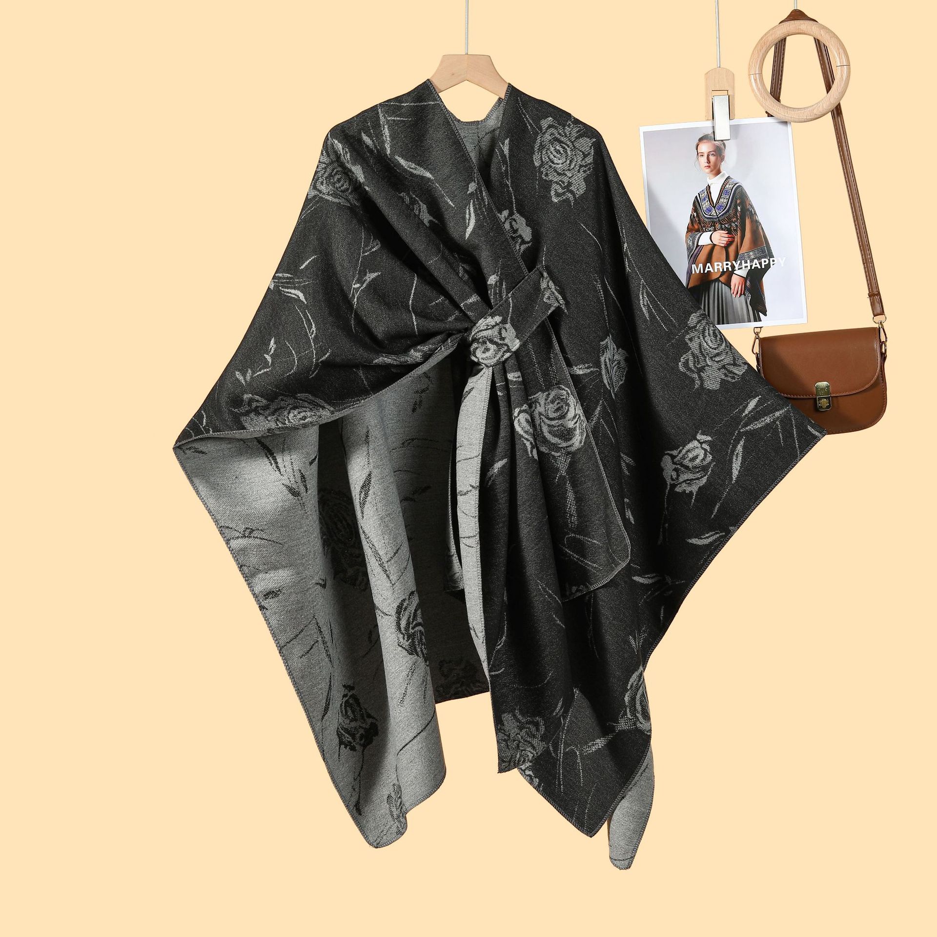 Women's Solid Hooded Split Shawl, Fashion Warm Poncho Cape For Autumn Winter