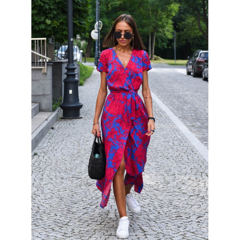 Women's Summer Printed V Neck Split Midi Dress Casual Ladies Overseas Dresses