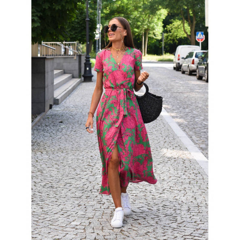 Women's Summer Printed V Neck Split Midi Dress Casual Ladies Overseas Dresses