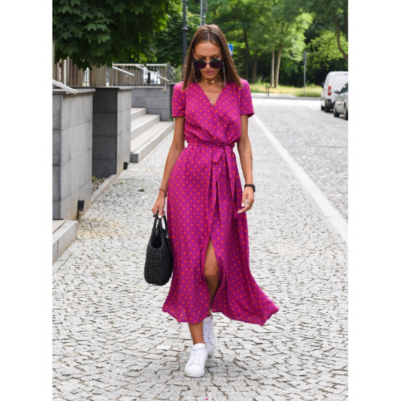 Women's Summer Printed V Neck Split Midi Dress Casual Ladies Overseas Dresses