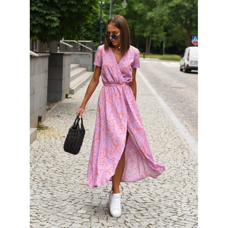 Women's Summer Printed V Neck Split Midi Dress Casual Ladies Overseas Dresses