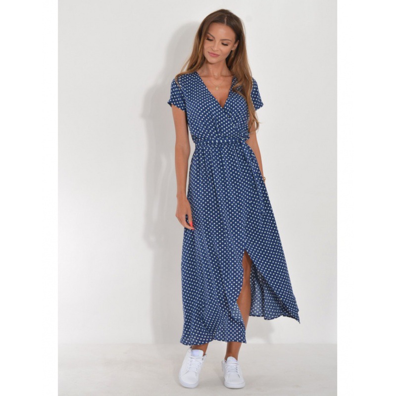 Women's Summer Printed V Neck Split Midi Dress Casual Ladies Overseas Dresses
