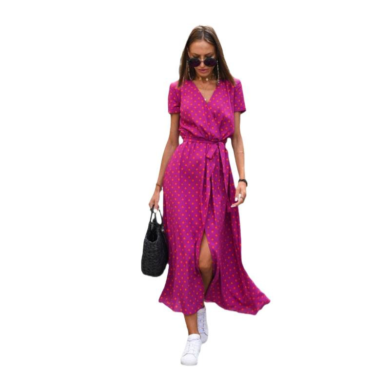 Women's Summer Printed V Neck Split Midi Dress Casual Ladies Overseas Dresses