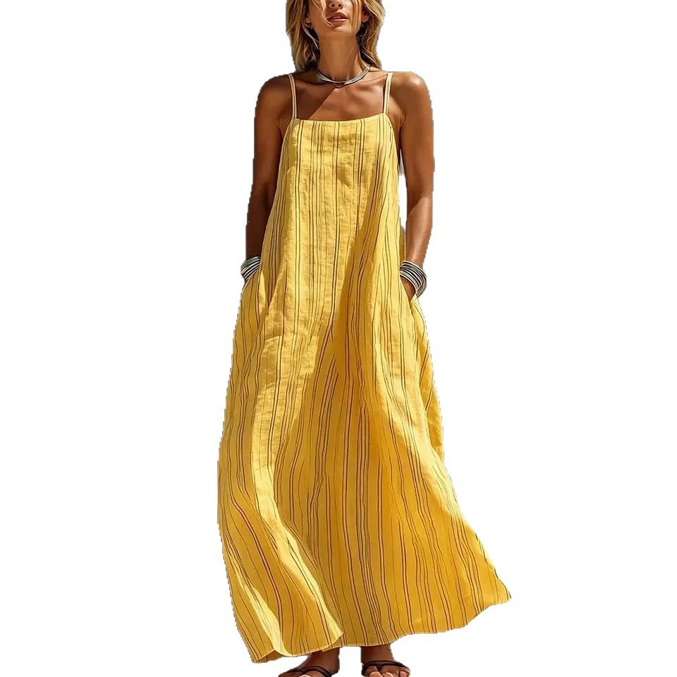 Women's Summer Striped Spaghetti Strap Sleeveless Dress Casual Trendy European American